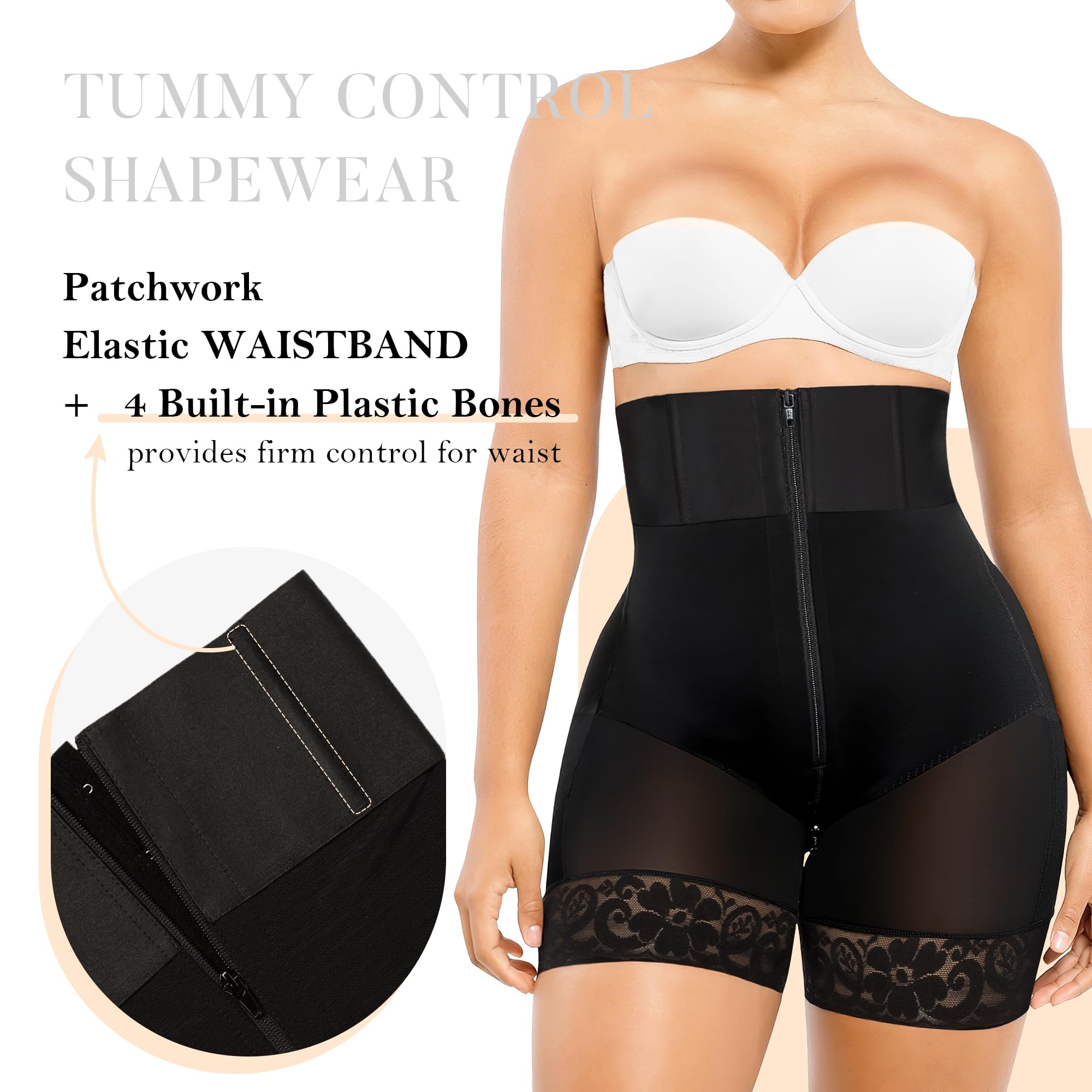 YIANNA Shapewear for Women Tummy Control Strapless Fajas Colombianas Body Shaper Shorts Butt Lifter with Zipper Crotch