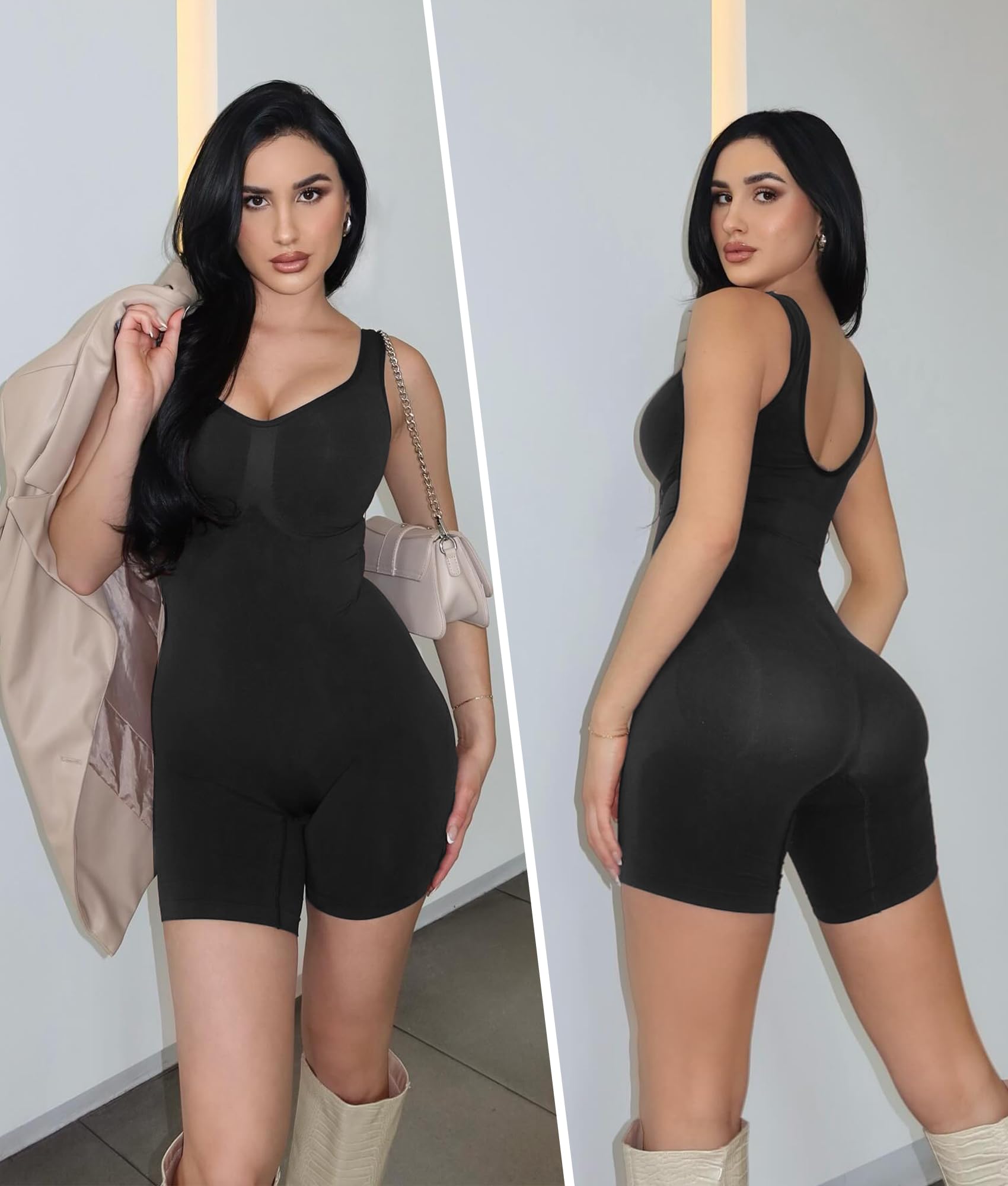 YIANNA Shapewear Bodysuit for Women Tummy Control Scoop Neck Mid Thigh Sculpting Body Shaper